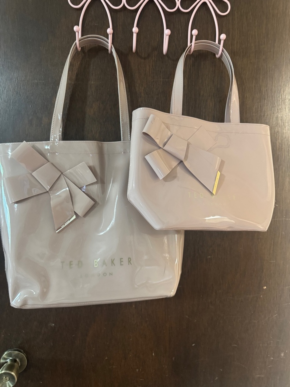 Ted Baker Cream Patent Tote with Decorative Bow (2-Pieces/Large & Small)